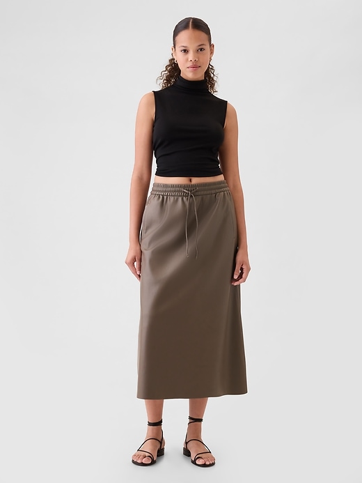 1 of 8 showing, with the color plymouth rock brown of product Vegan Leather Midi Skirt