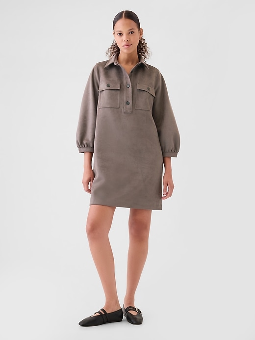 1 of 8 showing, with the color Plymouth rock brown of product Vegan Suede Shift Mini Dress