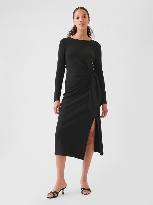 1 of 8 showing, with the color true black of product Modern Rib Tie-Knot Midi Dress