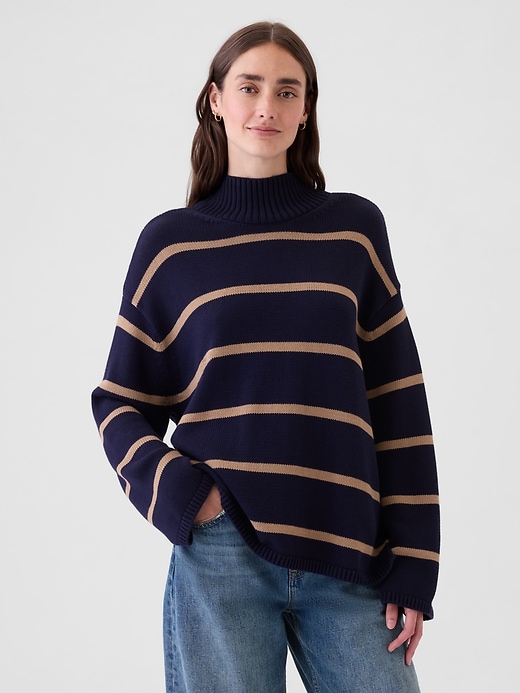 Image number 1 showing, 100% Cotton Oversized Split-Hem Mockneck Sweater