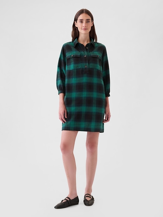 1 of 8 showing, with the color green and navy blue blackwatch plaid of product Flannel Utility Mini Shirtdress