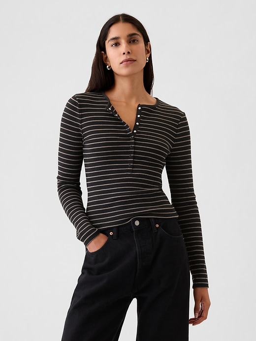 1 of 8 showing, with the color Black and brown stripe of product Modern Rib Henley T-Shirt