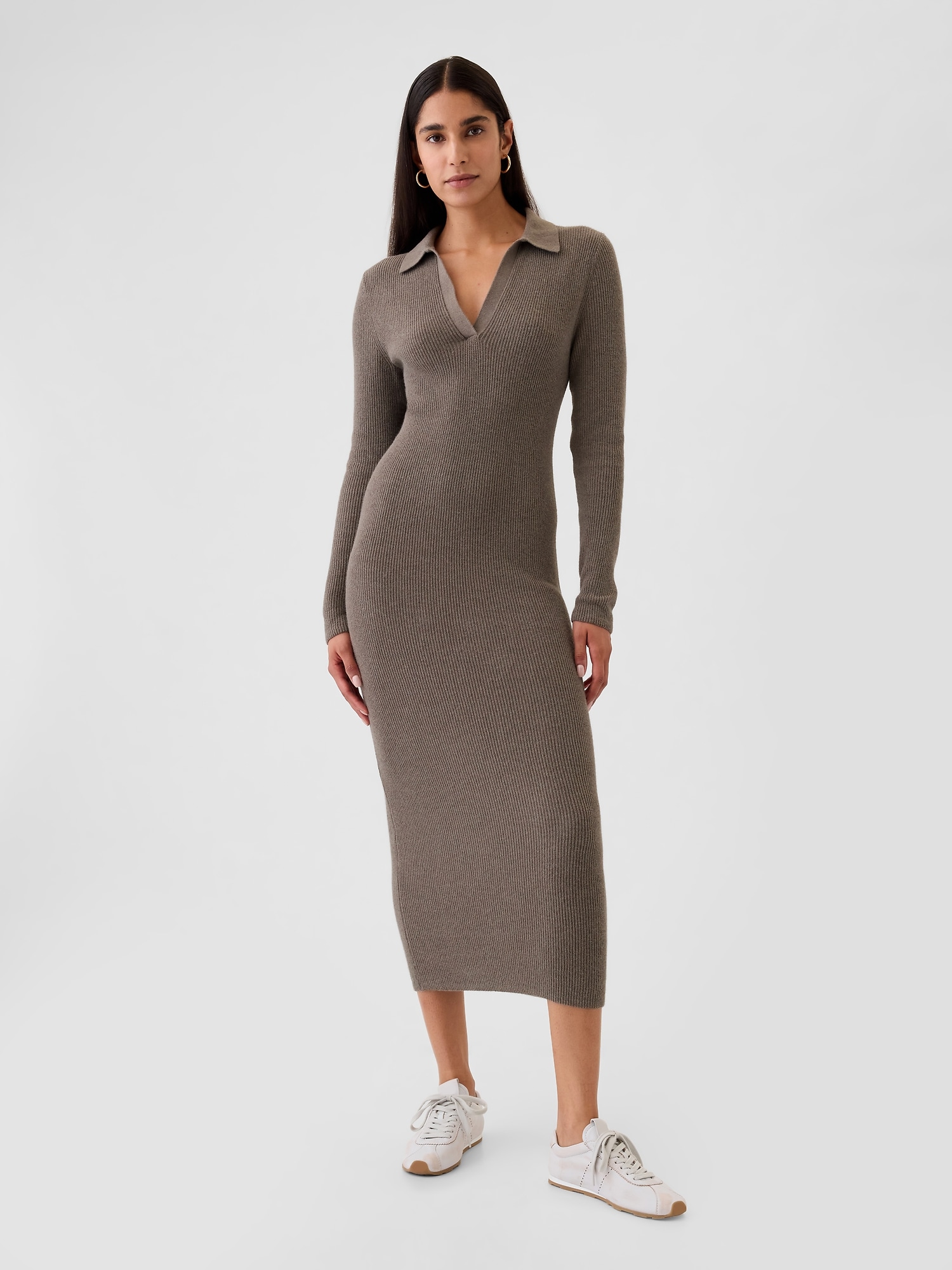 CashSoft Rib Johnny-Collar Midi Dress