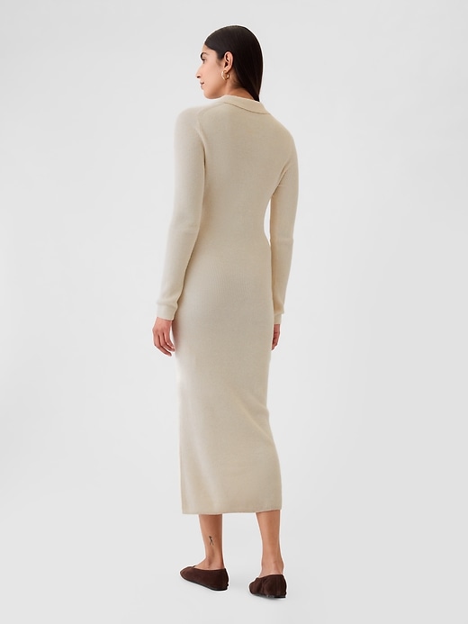 2 of 8 showing, with the color birch beige of product CashSoft Rib Johnny-Collar Midi Dress