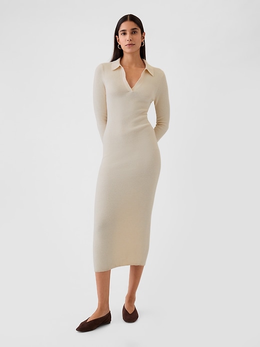 1 of 8 showing, with the color birch beige of product CashSoft Rib Johnny-Collar Midi Dress