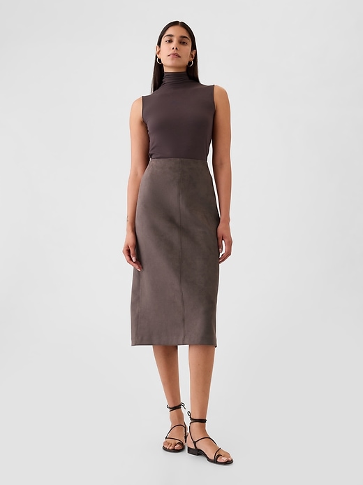 1 of 8 showing, with the color plymouth rock brown of product Vegan Suede Midi Skirt
