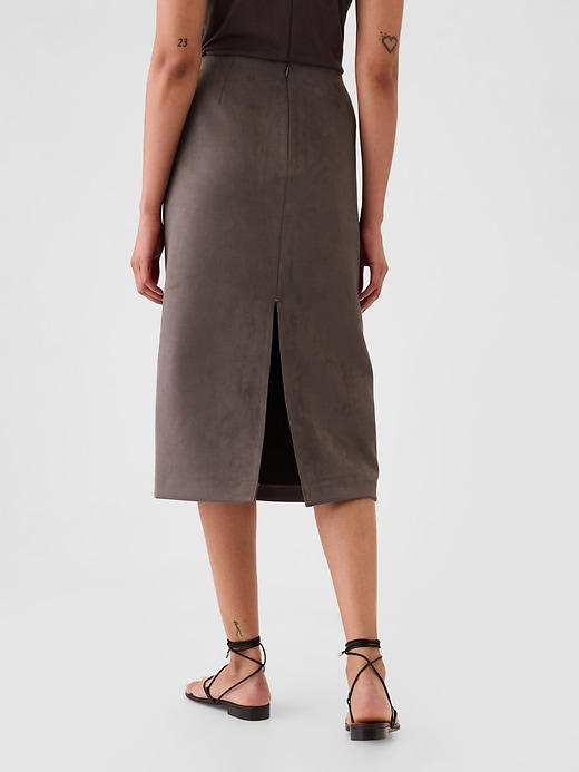 2 of 8 showing, with the color plymouth rock brown of product Vegan Suede Midi Skirt