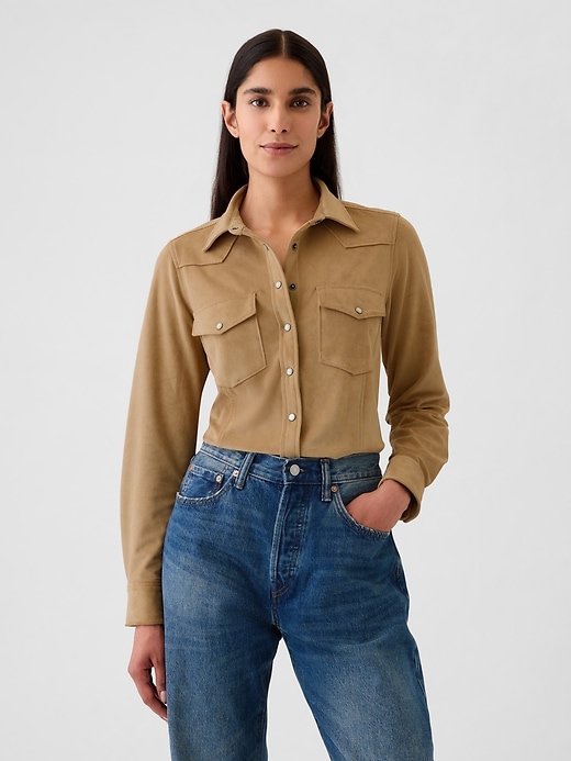 1 of 8 showing, with the color camel hair tan of product GapHeritage Vegan Suede Western Shirt