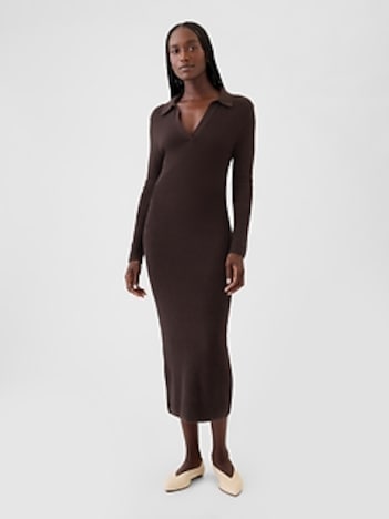 CashSoft Rib Johnny-Collar Midi Dress