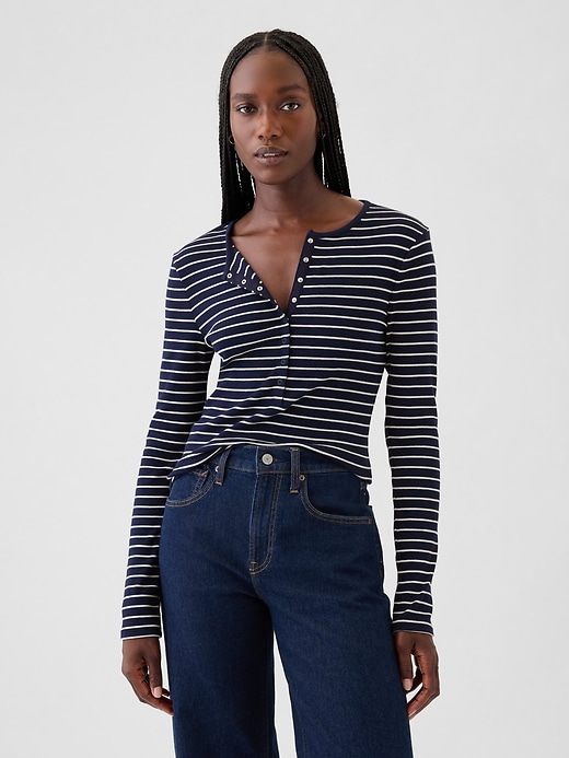 1 of 8 showing, with the color navy blue and white stripe of product Modern Rib Henley T-Shirt