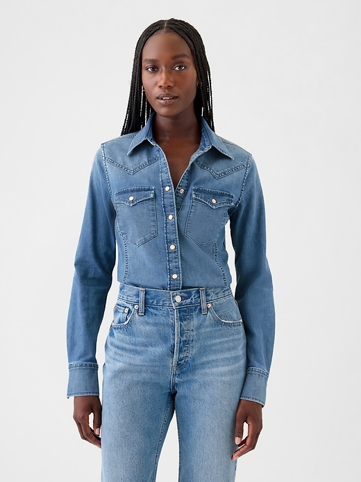 1 of 8 showing, with the color Medium indigo of product GapHeritage Denim Western Shirt