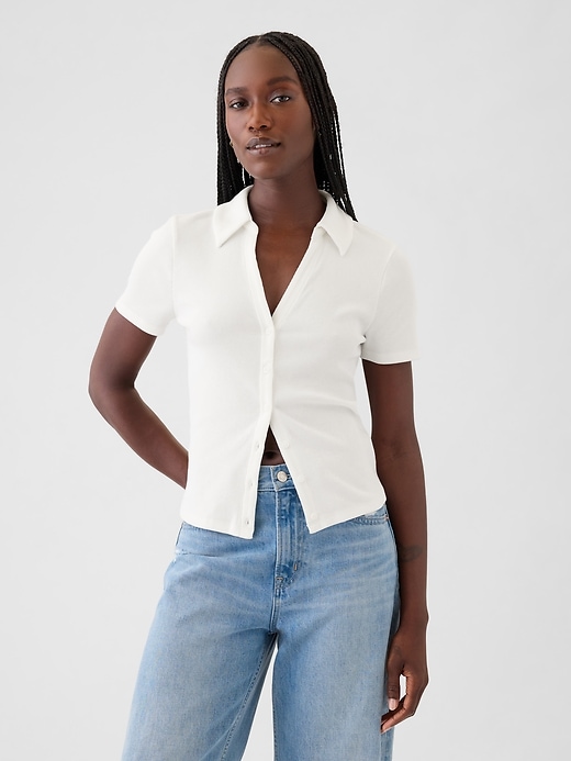 1 of 8 showing, with the color new off white of product Modern Rib Button Polo Shirt