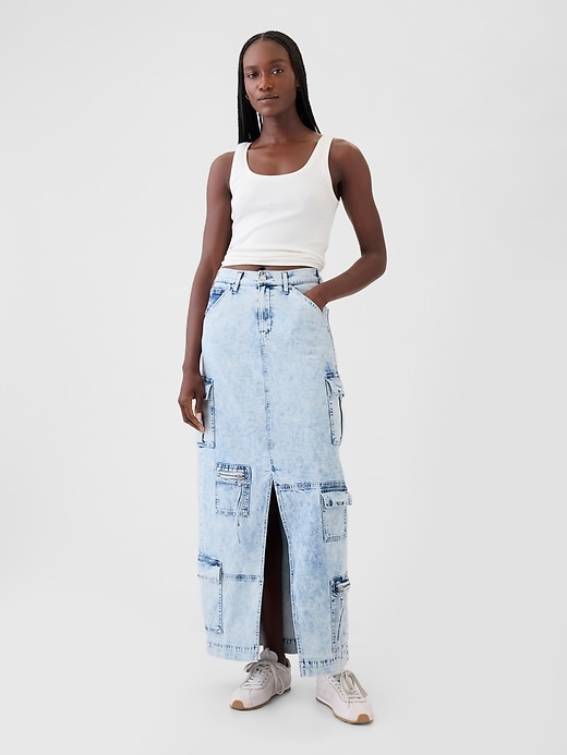 1 of 8 showing, with the color blue acid wash of product Denim Double Cargo Maxi Skirt