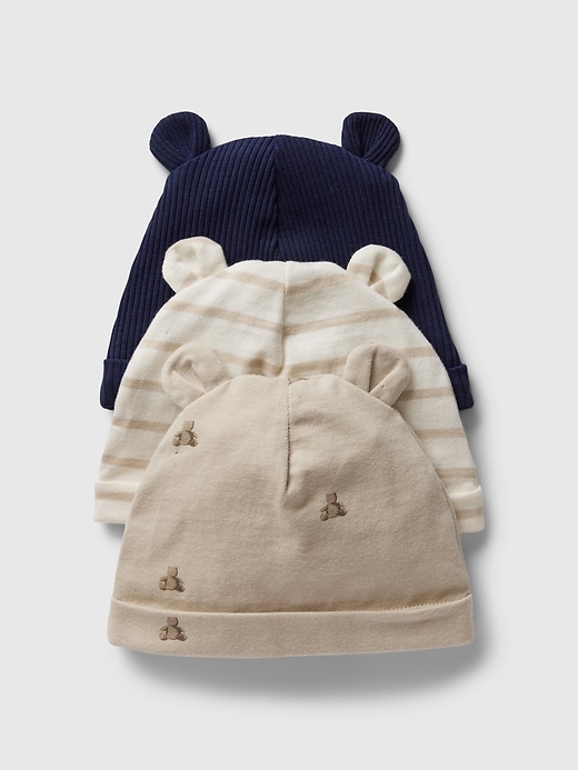 1 of 8 showing, with the color bedrock beige of product Baby First Favorites Beanie (3-Pack)
