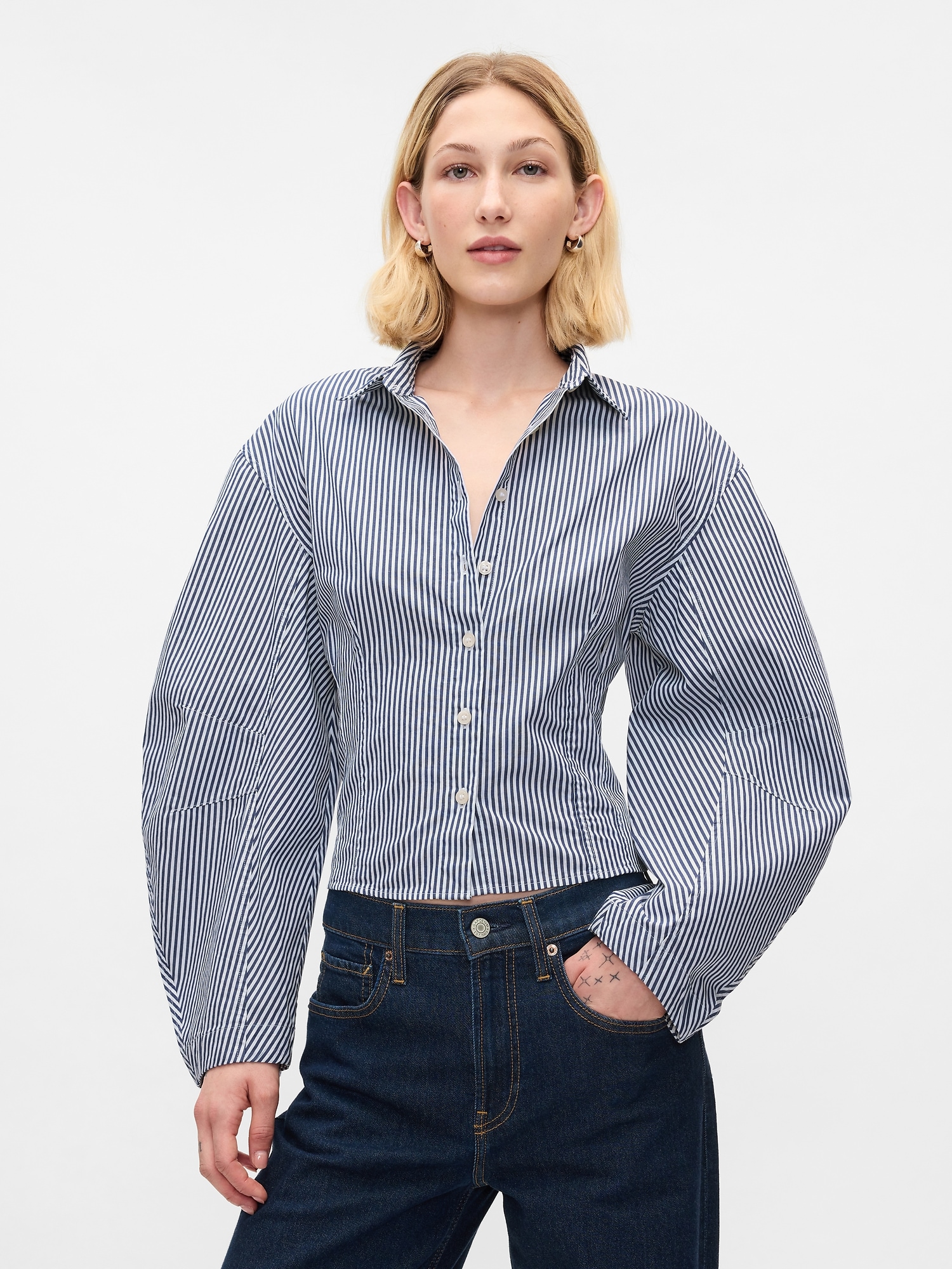 Organic Cotton Poplin Barrel-Sleeve Cropped Shirt