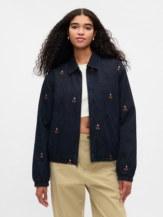 4 of 8 showing, with the color dark wash of product Gap × Disney Embroidered Denim Bomber Jacket