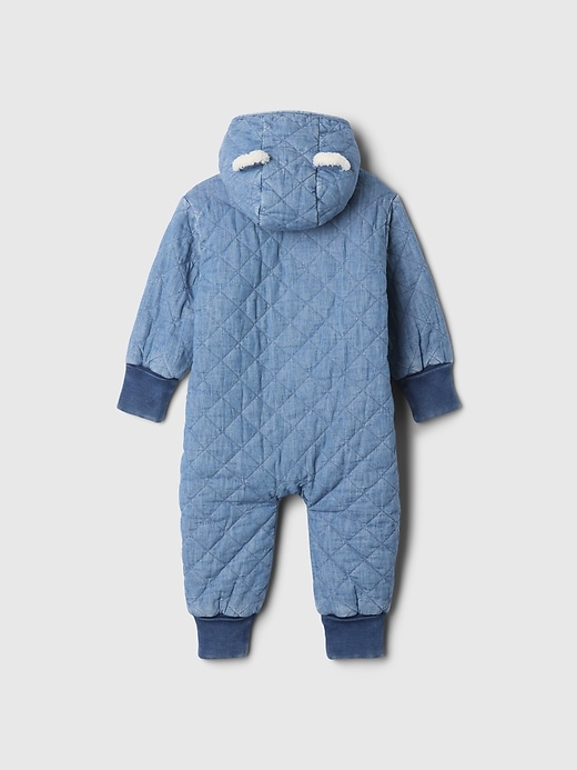 2 of 8 showing, with the color medium wash of product Baby Quilted Cozy Chambray One-Piece