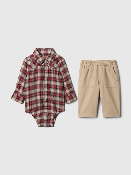1 of 8 showing, with the color bedrock beige of product Baby Flannel Outfit Set