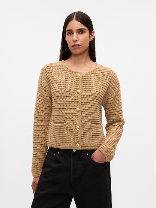 1 of 8 showing, with the color camel hair tan of product Textured Sweater Jacket