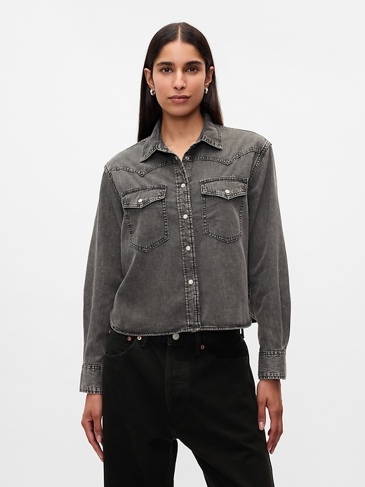 1 of 8 showing, with the color black wash of product Cropped Western Denim Shirt