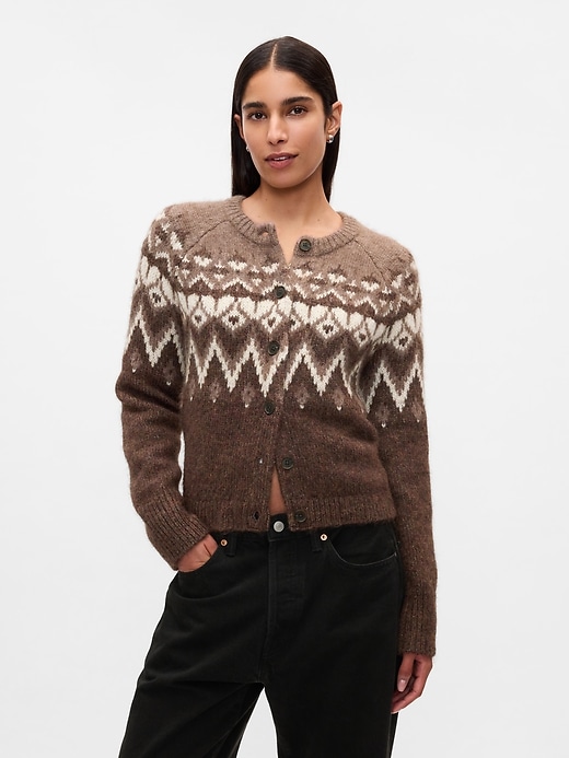 1 of 8 showing, with the color neutral fairisle print of product Brushed Fair Isle Cropped Cardigan