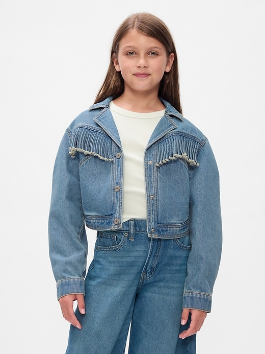 1 of 8 showing, with the color medium wash of product Kids Fringe Western Denim Jacket
