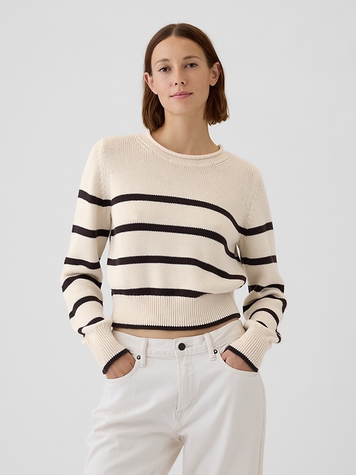 1 of 8 showing, with the color off white and brown stripe of product Shrunken Roll Neck Sweater