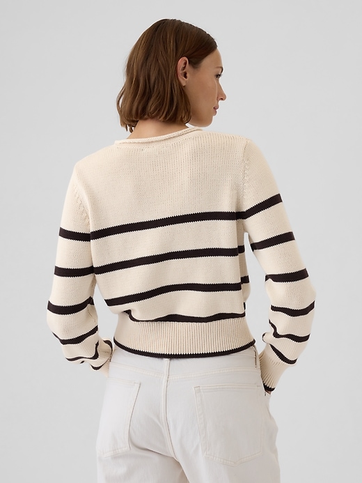 2 of 8 showing, with the color off white and brown stripe of product Shrunken Roll Neck Sweater