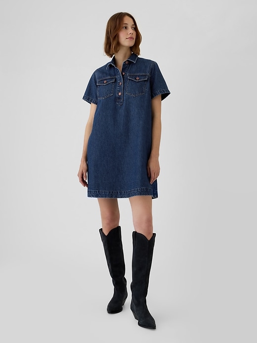 1 of 8 showing, with the color dark wash of product Denim Shift Mini Dress