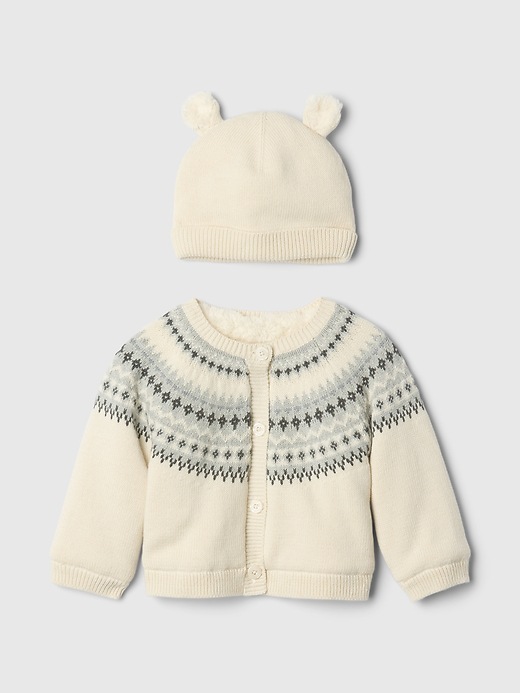 1 of 8 showing, with the color chino beige of product Baby Fair Isle Cozy Cardigan Set