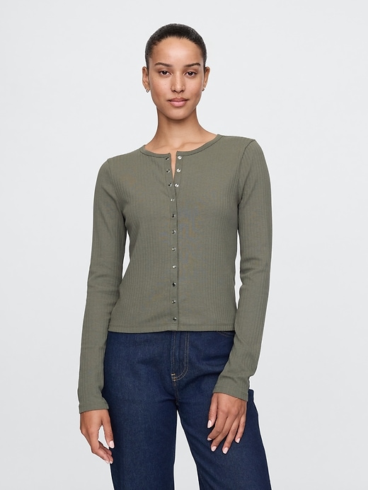 1 of 8 showing, with the color olive green of product Modern Rib Cardigan