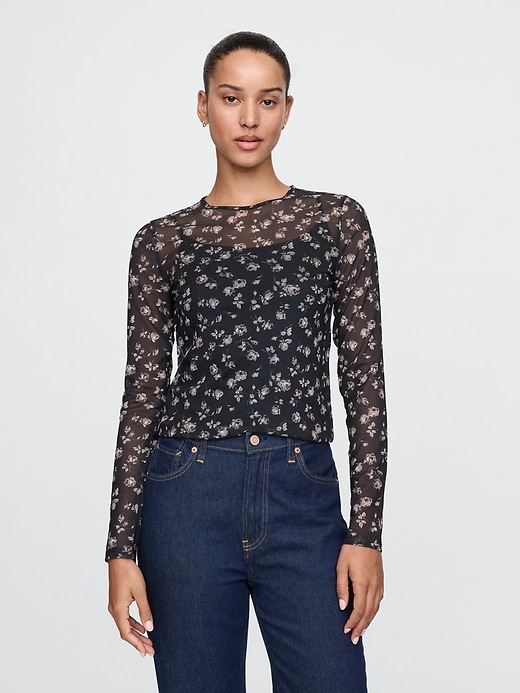 1 of 8 showing, with the color black ditsy floral of product Sheer Mesh Shirt