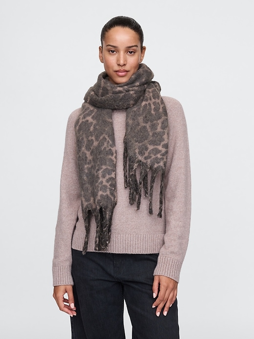 1 of 8 showing, with the color brown leopard of product Leopard Fringe Scarf