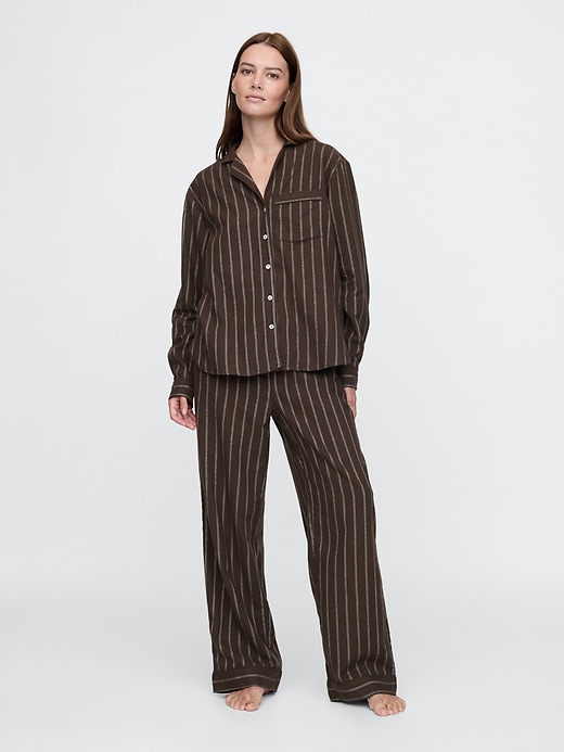 1 of 8 showing, with the color brown and white stripe of product Flannel PJ Set