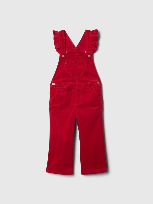 1 of 8 showing, with the color sled red of product Baby & Toddler Velvet Heart Overalls