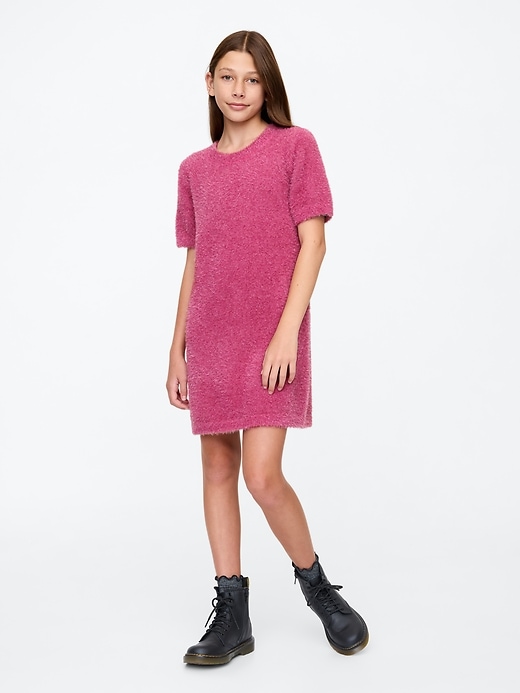 1 of 8 showing, with the color pink of product Kids Fuzzy Metallic Sweater Dress