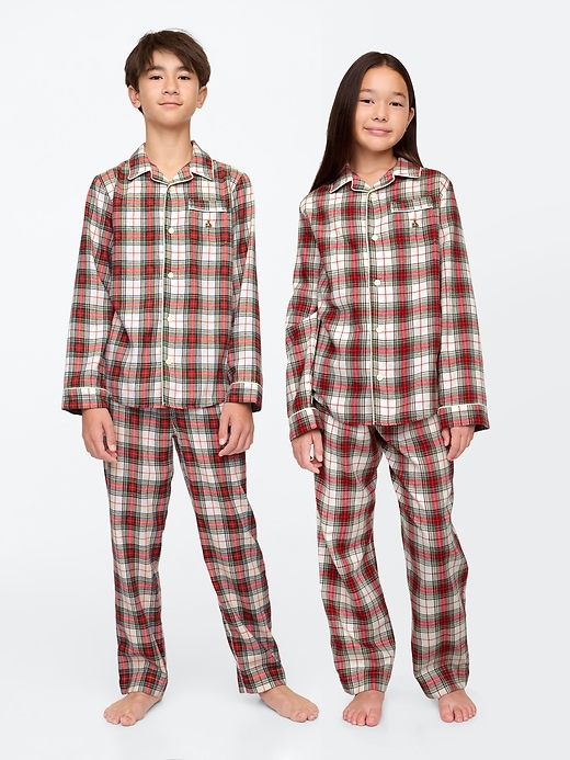 1 of 8 showing, with the color red white tartan plaid of product Kids Recycled Flannel PJ set