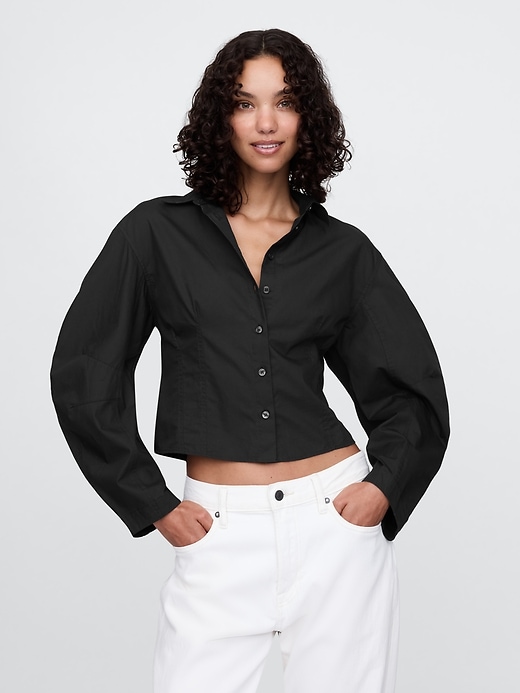 Image number 1 showing, Organic Cotton Poplin Barrel-Sleeve Cropped Shirt