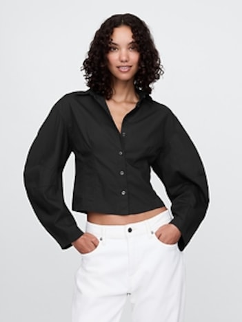 Organic Cotton Poplin Barrel-Sleeve Crop Shirt