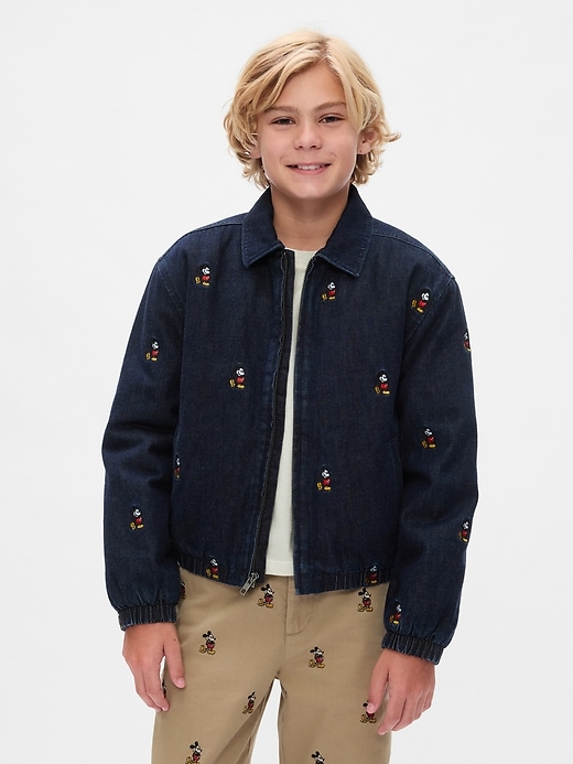 1 of 8 showing, with the color Dark wash of product Gap × Disney Kids Embroidered Denim Bomber Jacket