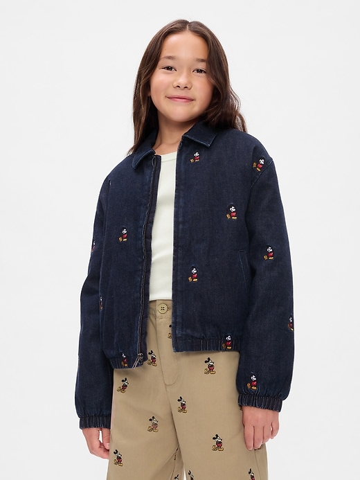 5 of 8 showing, with the color Dark wash of product Gap × Disney Kids Embroidered Denim Bomber Jacket