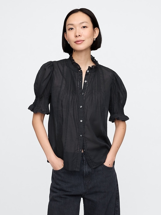 1 of 8 showing, with the color true black of product Pintuck Ruffle Shirt