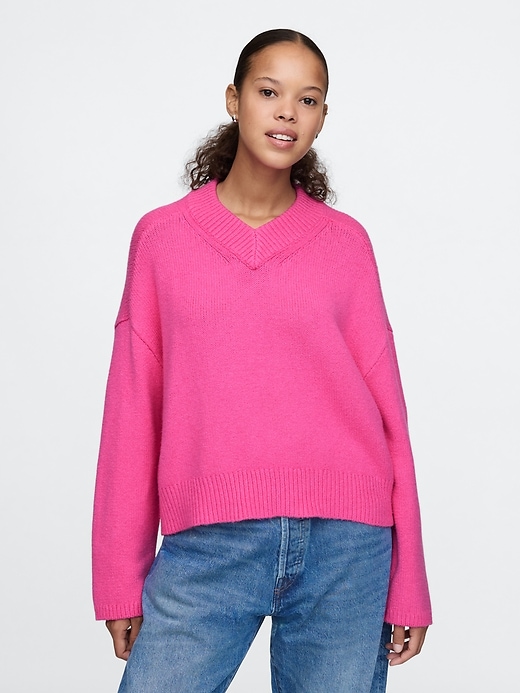 Image number 1 showing, CashSoft Cropped High V-Neck Sweater