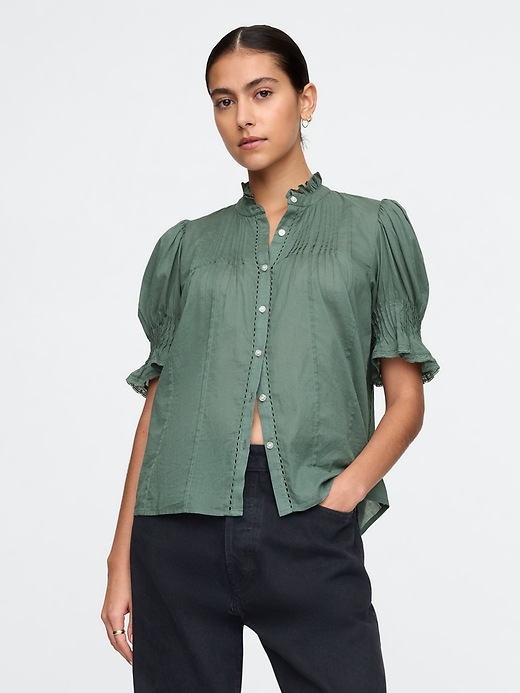1 of 8 showing, with the color dark forest green of product Pintuck Ruffle Shirt