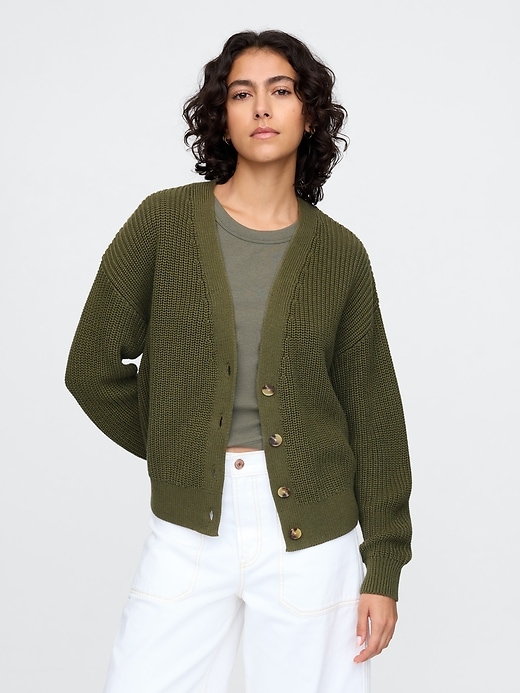1 of 8 showing, with the color olive green of product V-Neck Cardigan