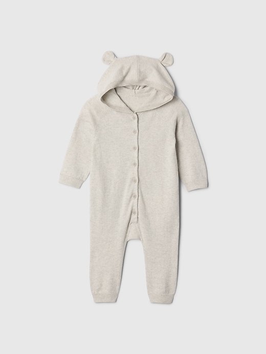 1 of 8 showing, with the color light grey heather of product Baby Bear Hooded Footless One-Piece