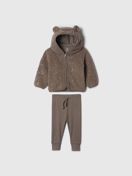 1 of 8 showing, with the color Quail brown of product Baby Sherpa Bear Hoodie Outfit Set