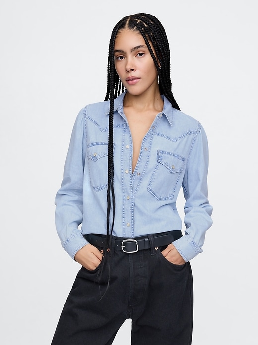 1 of 8 showing, with the color Marble wash of product UltraSoft Denim Western Shirt