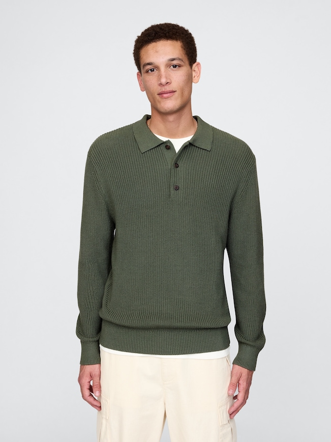Shaker-Stitch Polo Sweater