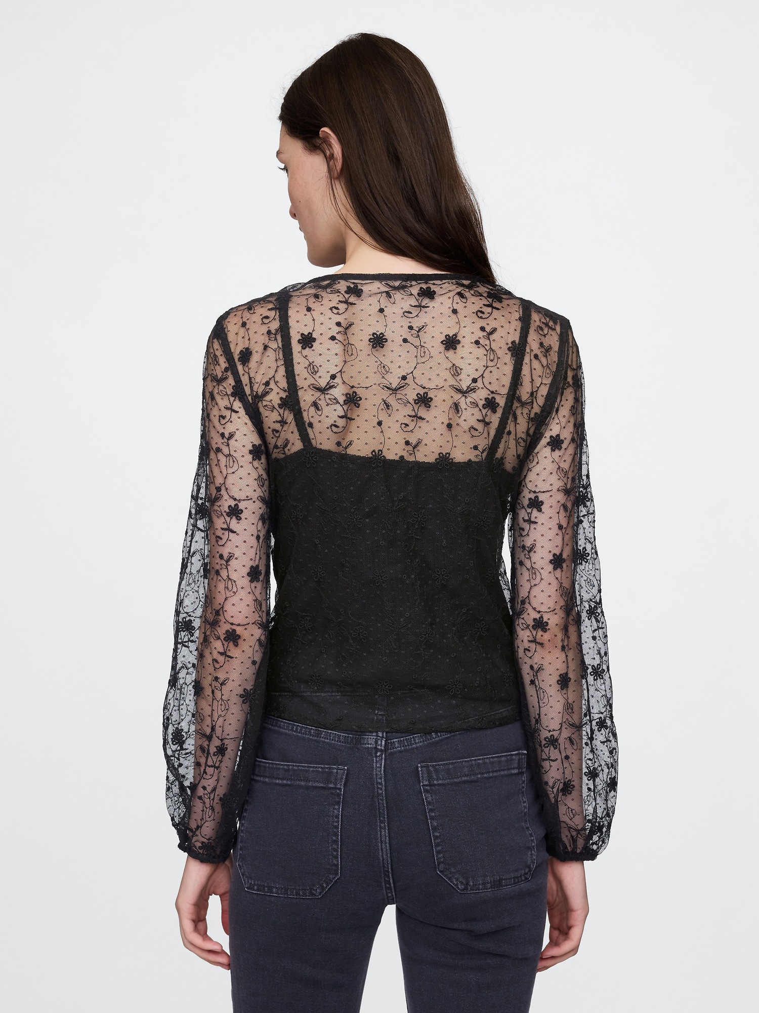 Женский топ Gap Recycled Lace Ruffle Top, цвет: Насыщенный чёрный — фото 2